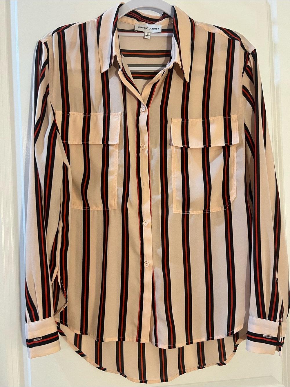 Gibson Latimer Beige Button-Up Shirt with Black and Red Stripes